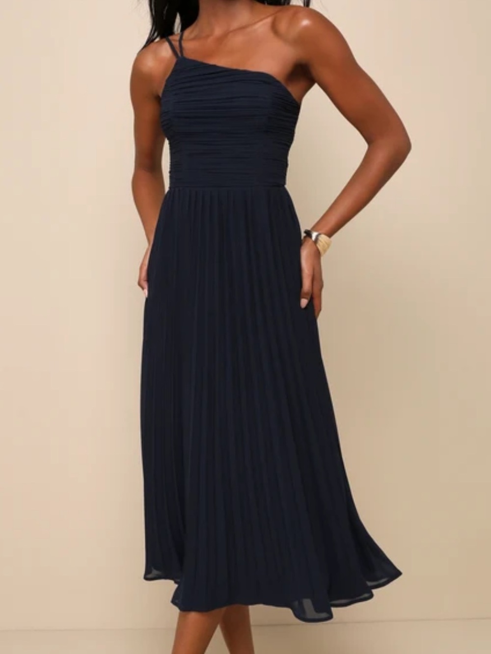 Lulu's Navy One-Shoulder Pleated Midi Dress